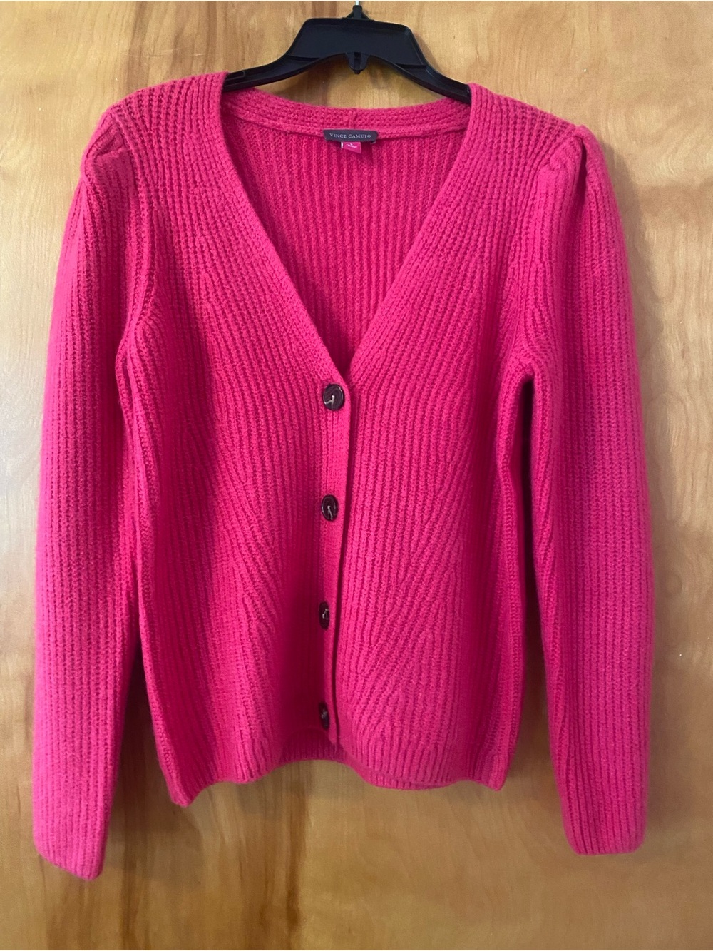 Vince Camuto Hot Pink Ribbed V-Neck Button Cardigan